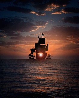 Christopher Columbus ships on ocean at sunset depiction