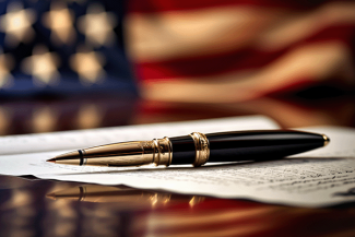 legislation or bill with a pen and US flag in background