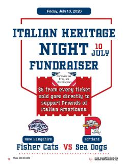 Friends of Italian Americans and Fisher Cats Fundraiser 10 July 2026